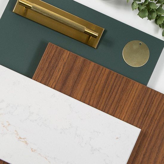 Dark Green, Warm Wood, Brass Hardware and Marble Worktop Mood board