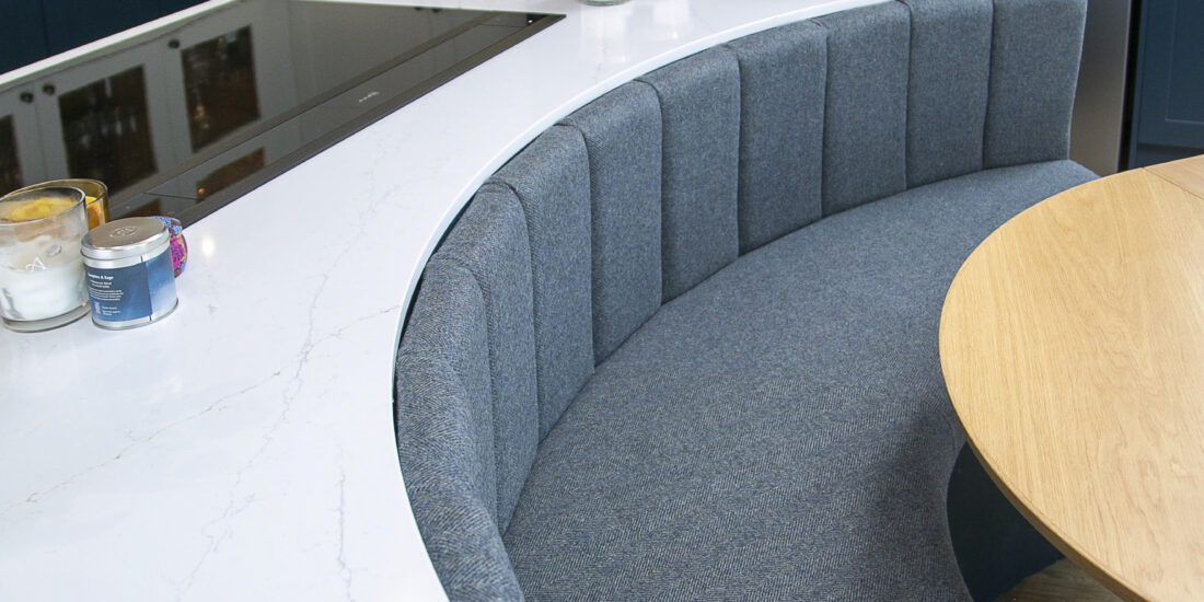 Circular Dining Booth built into the kitchen island. Tall Feature Image. Contemporary shaker style Kitchen. Design by John Willox Kitchen Design, Ellon, Aberdeenshire