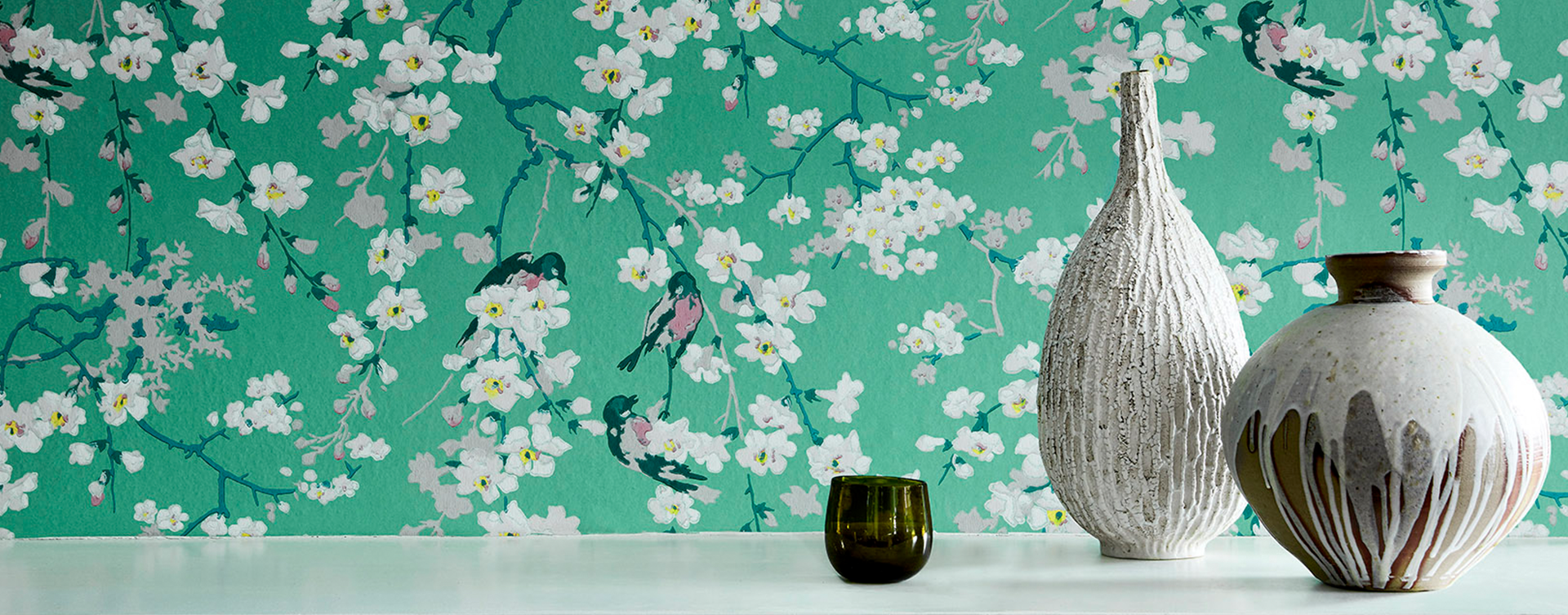 Blossom Patterned with Birds Little Greene Wallpaper. John Willox Kitchen Design is a supplier of Little Greene Paint and Wallpaper.