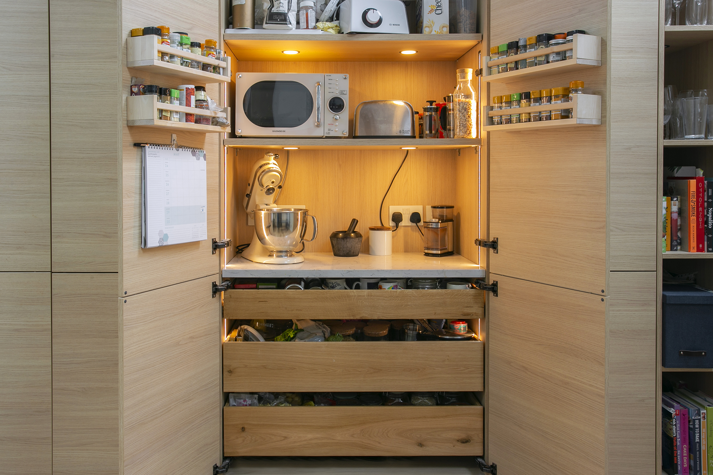 Close up of Light Wooden effect open pantry - by John Willox Kitchen Design, Ellon, Aberdeenshire