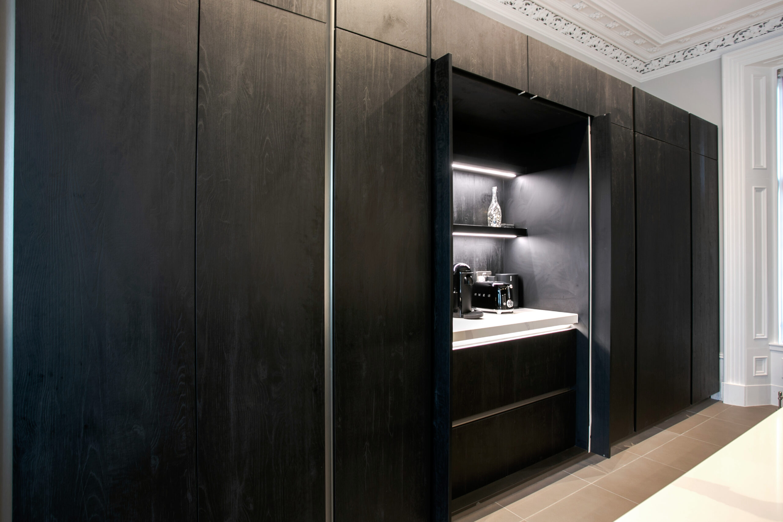 Dark Wooden effect open pantry - by John Willox Kitchen Design, Ellon, Aberdeenshire