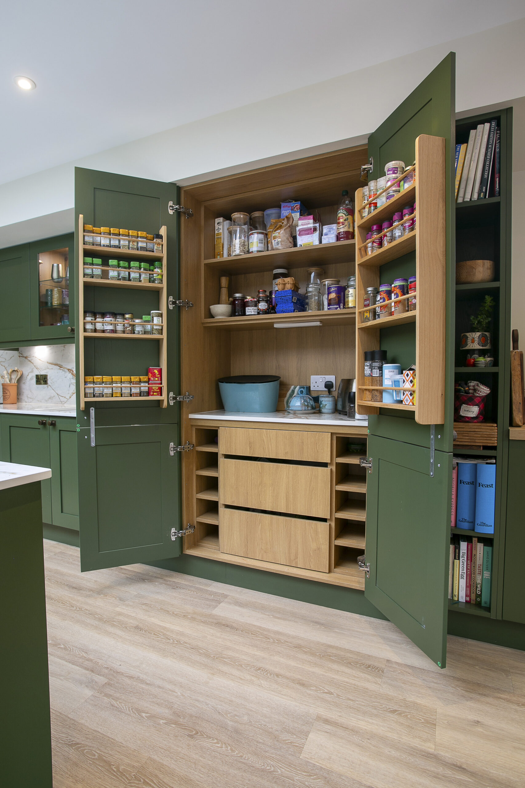 Green by Design. Kitchen Pantry. Green and Oak Shaker Style Kitchen. John Willox Kitchen Design. Ellon. Aberdeen. Aberdeenshire.