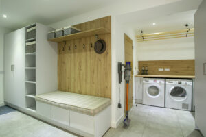 White with oak worktops Boot Room and Utility Spaces by John Willox Kitchen Design, Ellon, Aberdeenshire. Kitchen Design Aberdeen.
