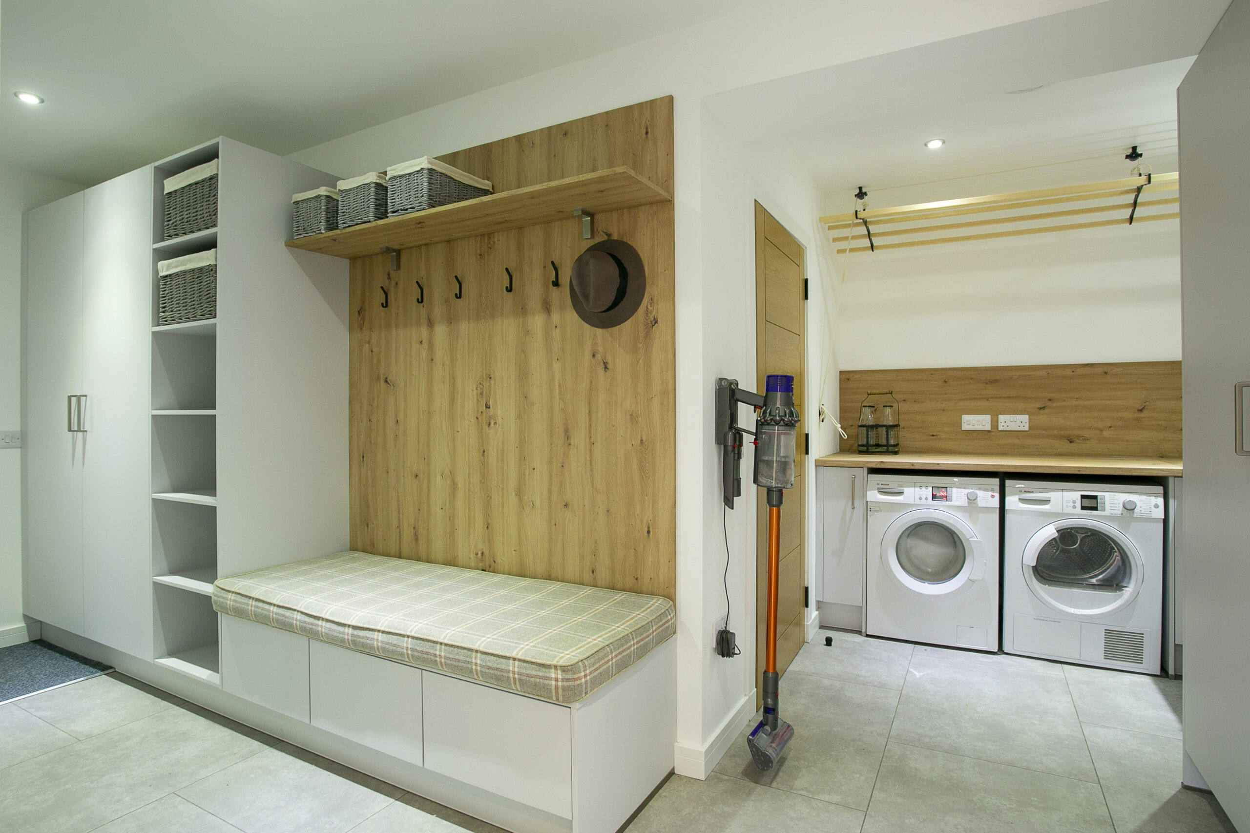 White with oak worktops Boot Room and Utility Spaces by John Willox Kitchen Design, Ellon, Aberdeenshire