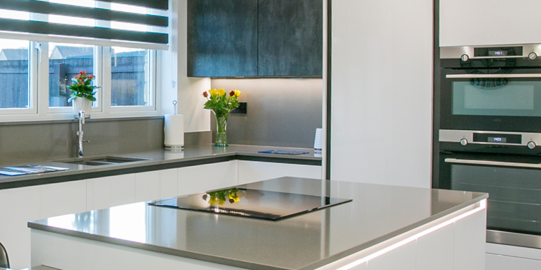 Kitchen with Grey and White Tones. Feature image 1. D Designed by John Willox Kitchen Design.