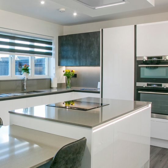 Kitchen with Grey and White Tones. Feature image 1. D Designed by John Willox Kitchen Design.