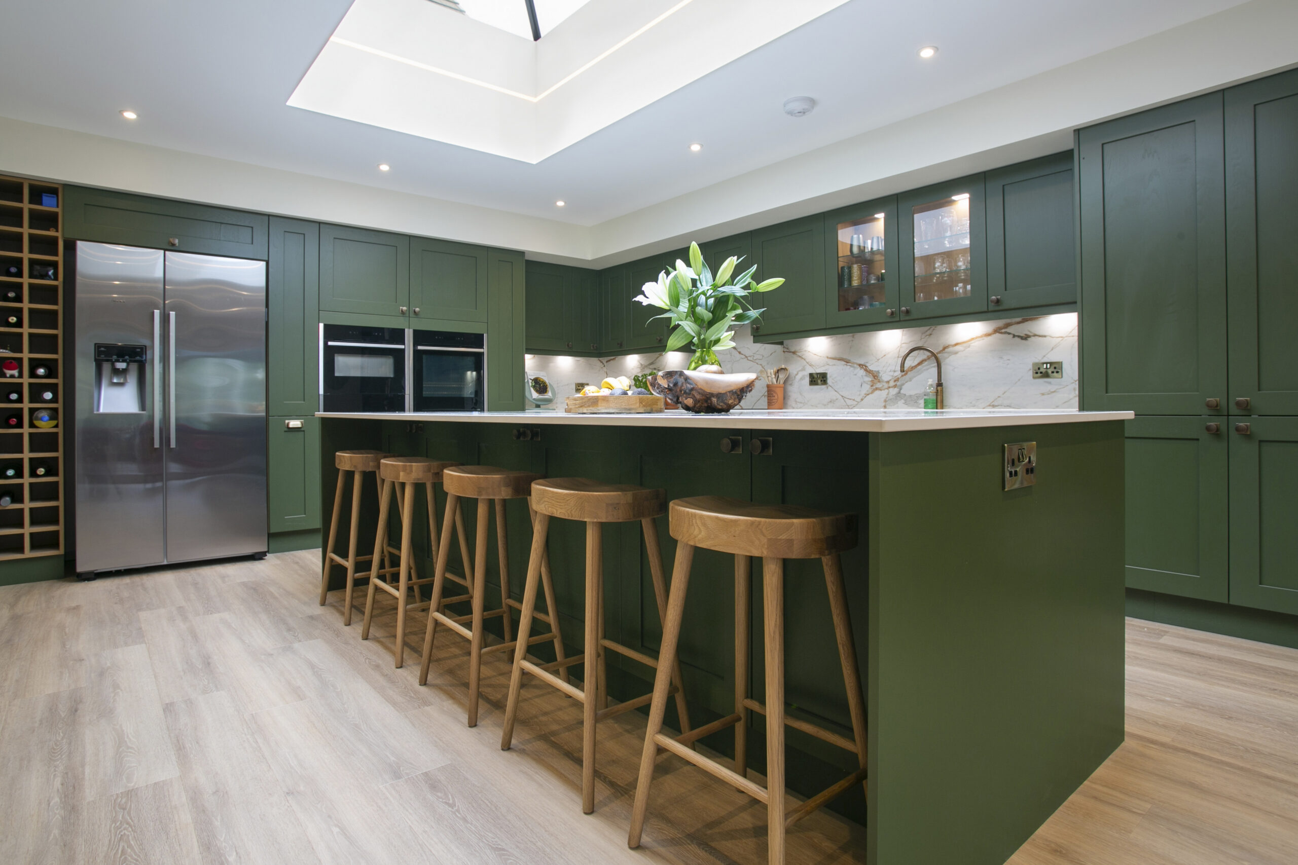 Green Shaker Kitchen by John Willox Kitchen Design Aberdeen. Ellon. Green Kitchen. Dining Island. Large L-Shaped Open Plan Kitchen.