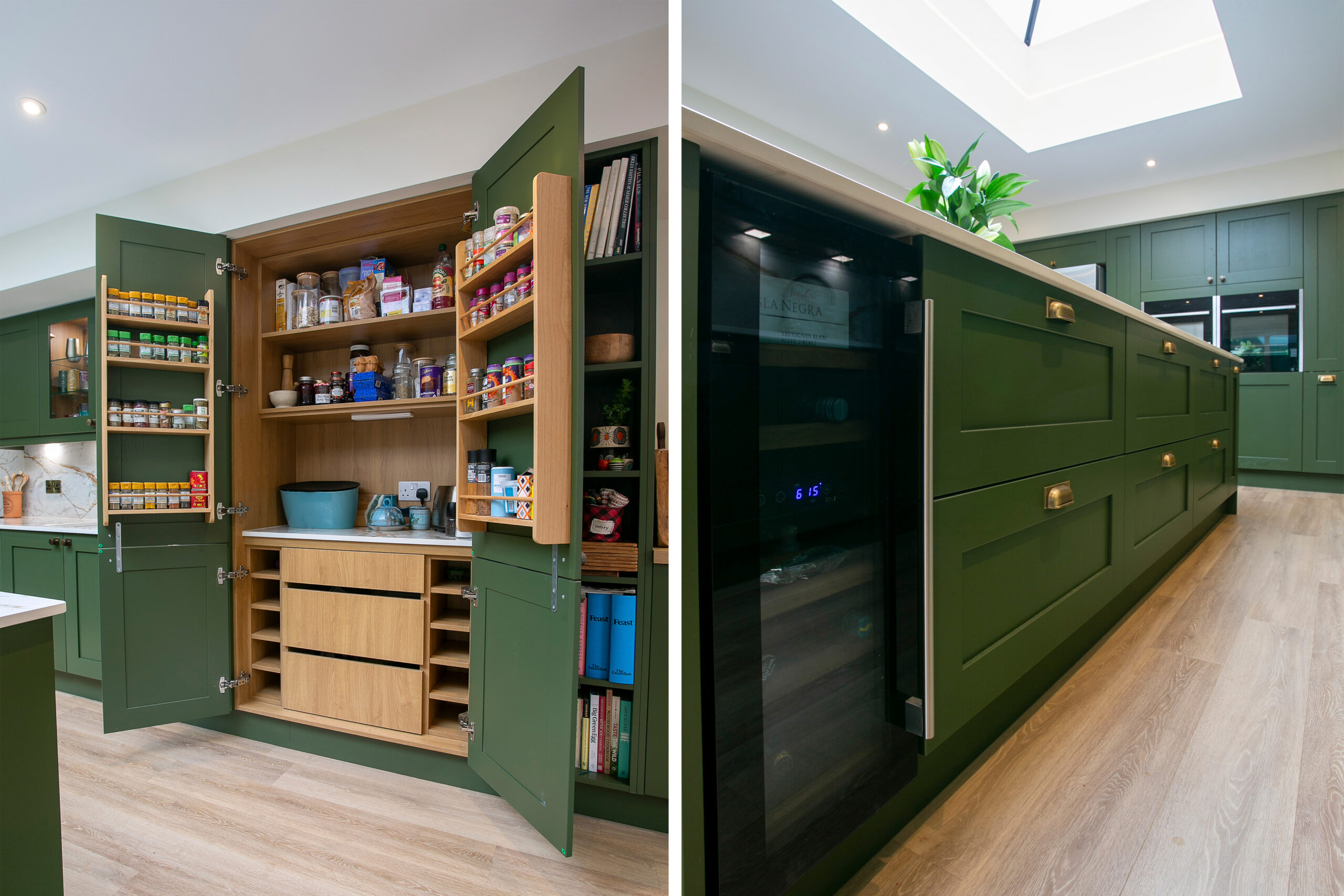 Double Image. Green Shaker Style Kitchen with Larder. Oak and Bronze Accents. Open plan kitchen Design with large island. Bespoke Green Shaker Kitchen Design. John Willox Kitchen Design Aberdeen. Ellon. Green Kitchen. Large L-Shaped Kitchen.