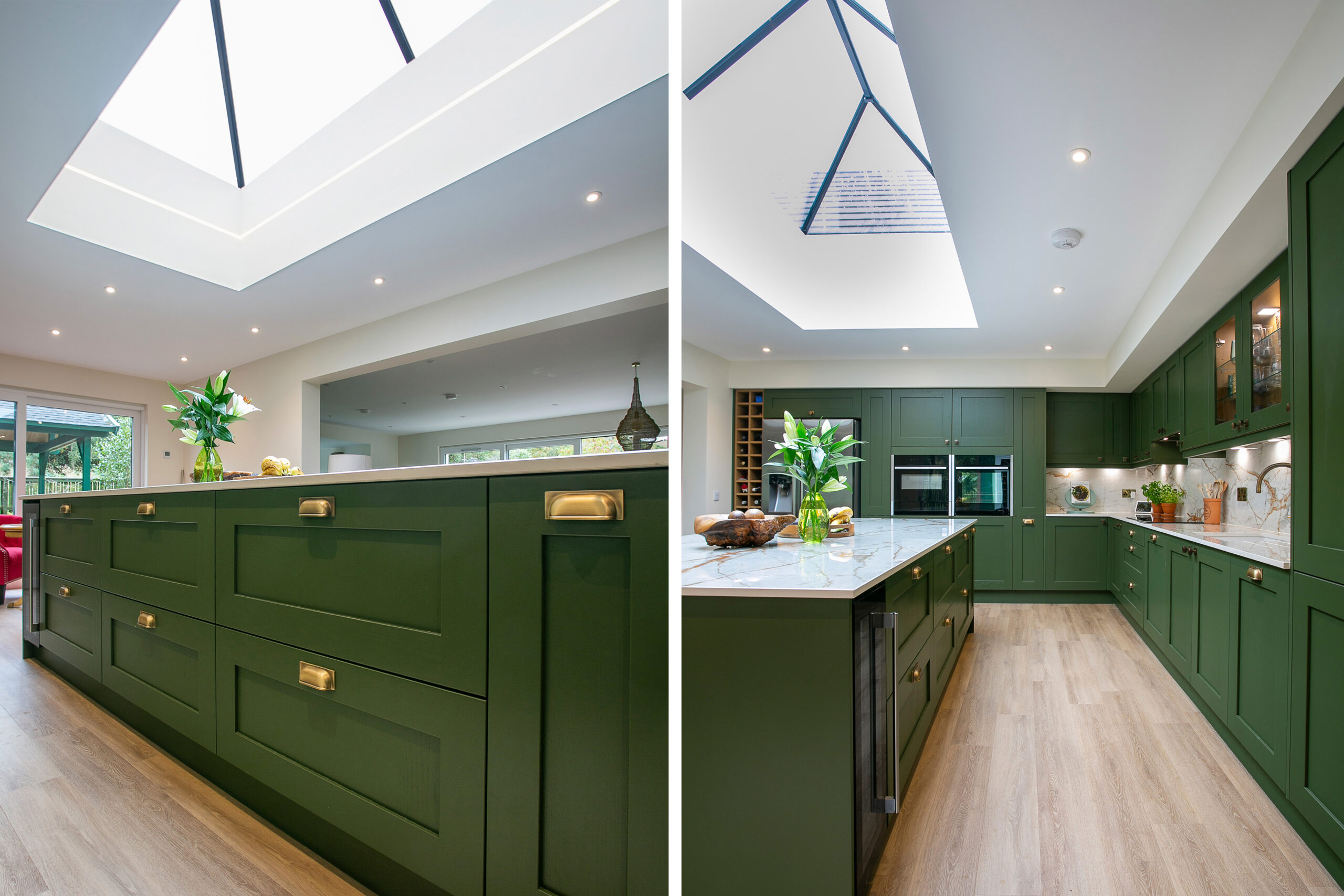 Double Image. Green Shaker Style Kitchen overviews. Open plan kitchen Design with large island. Bespoke Green Shaker Kitchen Design. John Willox Kitchen Design Aberdeen. Ellon. Green Kitchen. Large L-Shaped Kitchen.