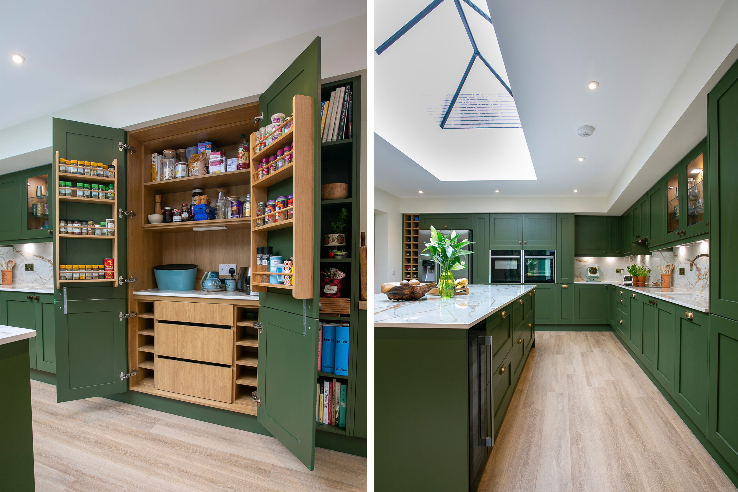 duel image. first image: Green Shaker Style Kitchen with oak larder. Second Image: Open plan L-shaped kitchen Design with large island. Bespoke Green Shaker Kitchen Design. John Willox Kitchen Design Aberdeen. Ellon. Green Kitchen.