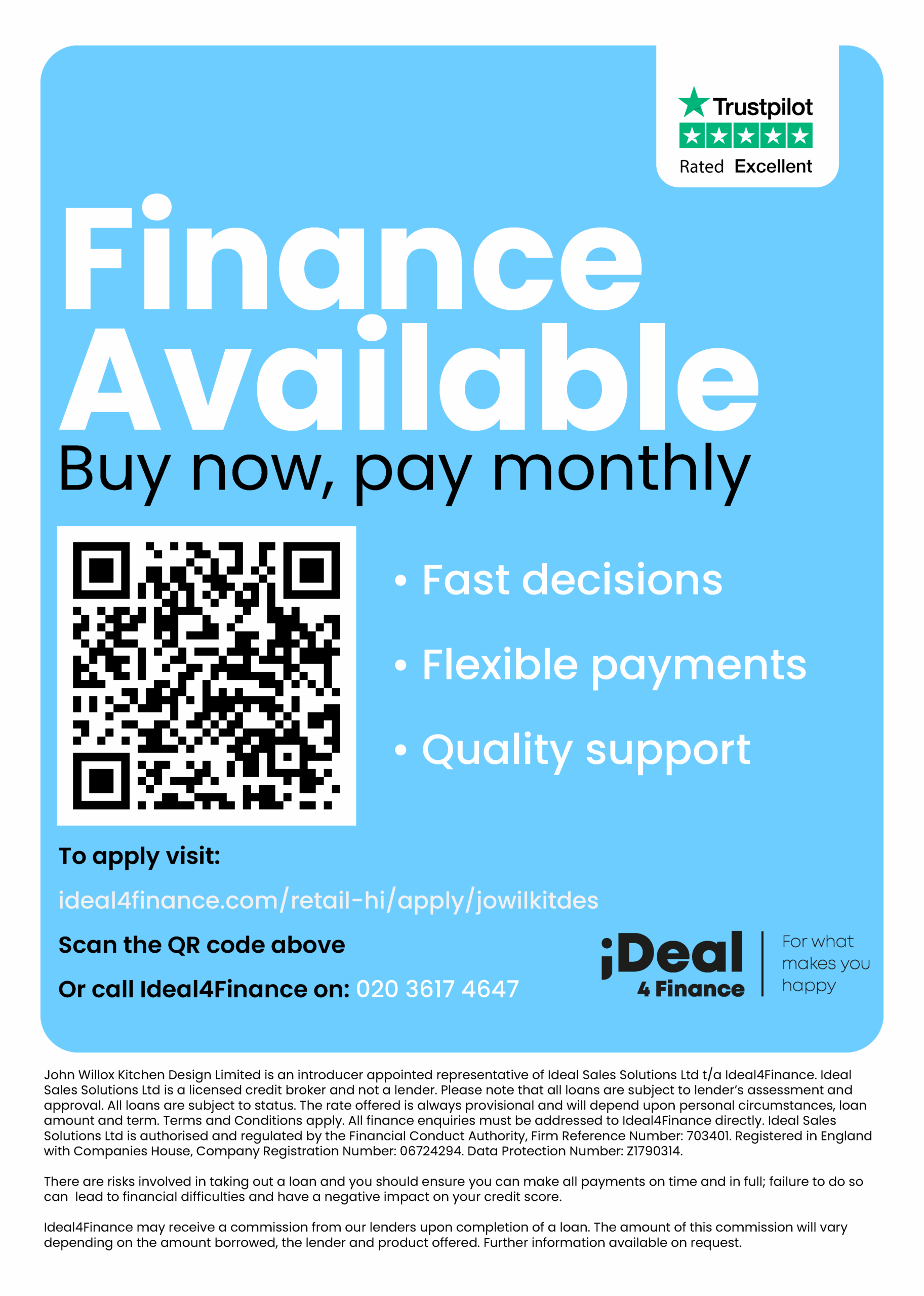 Ideal4Finance leaflet. available at John Willox Kitchen Design, Ellon, Aberdeen.
