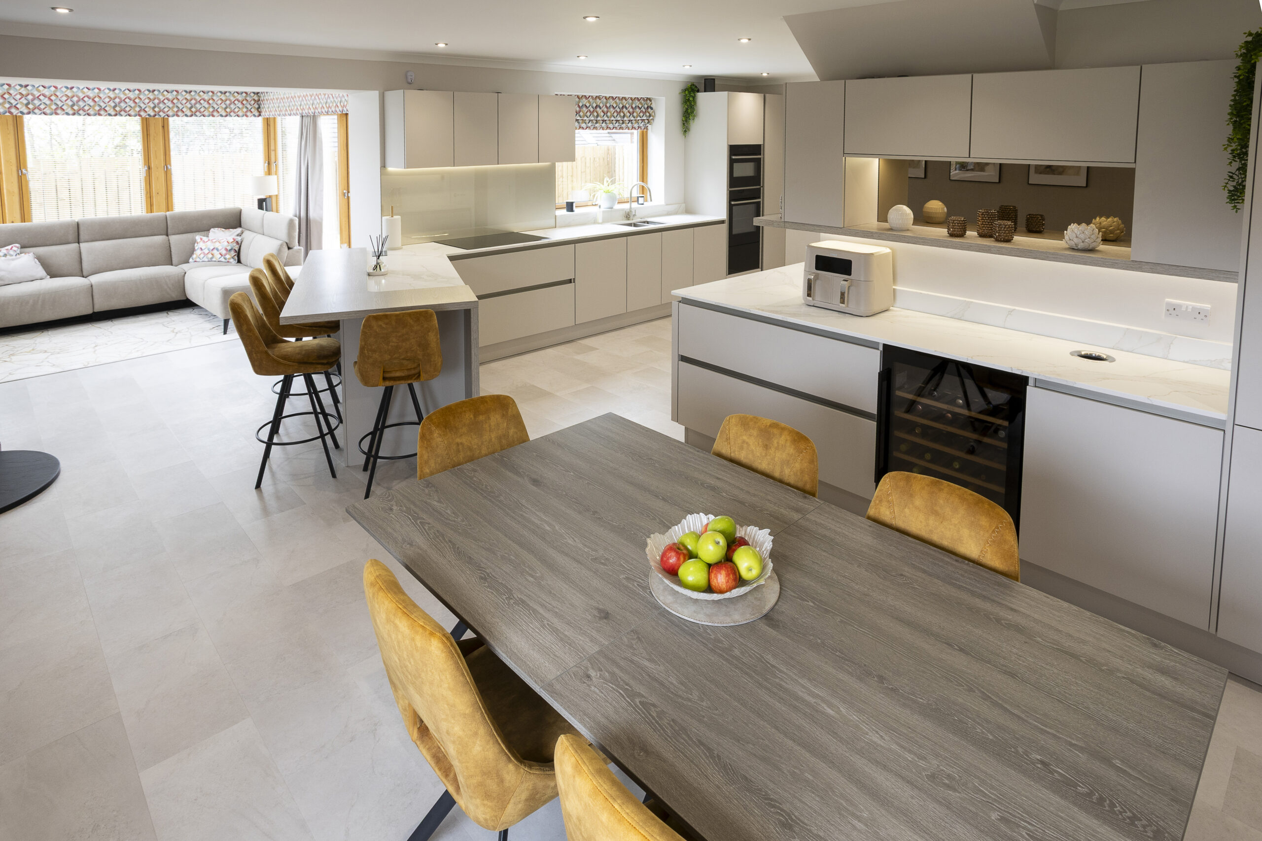 Open plan, Family Focused Kitchen, Warm neutrals, John Willox Kitchen Design, Ellon, Aberdeen. Facebook Schema Image