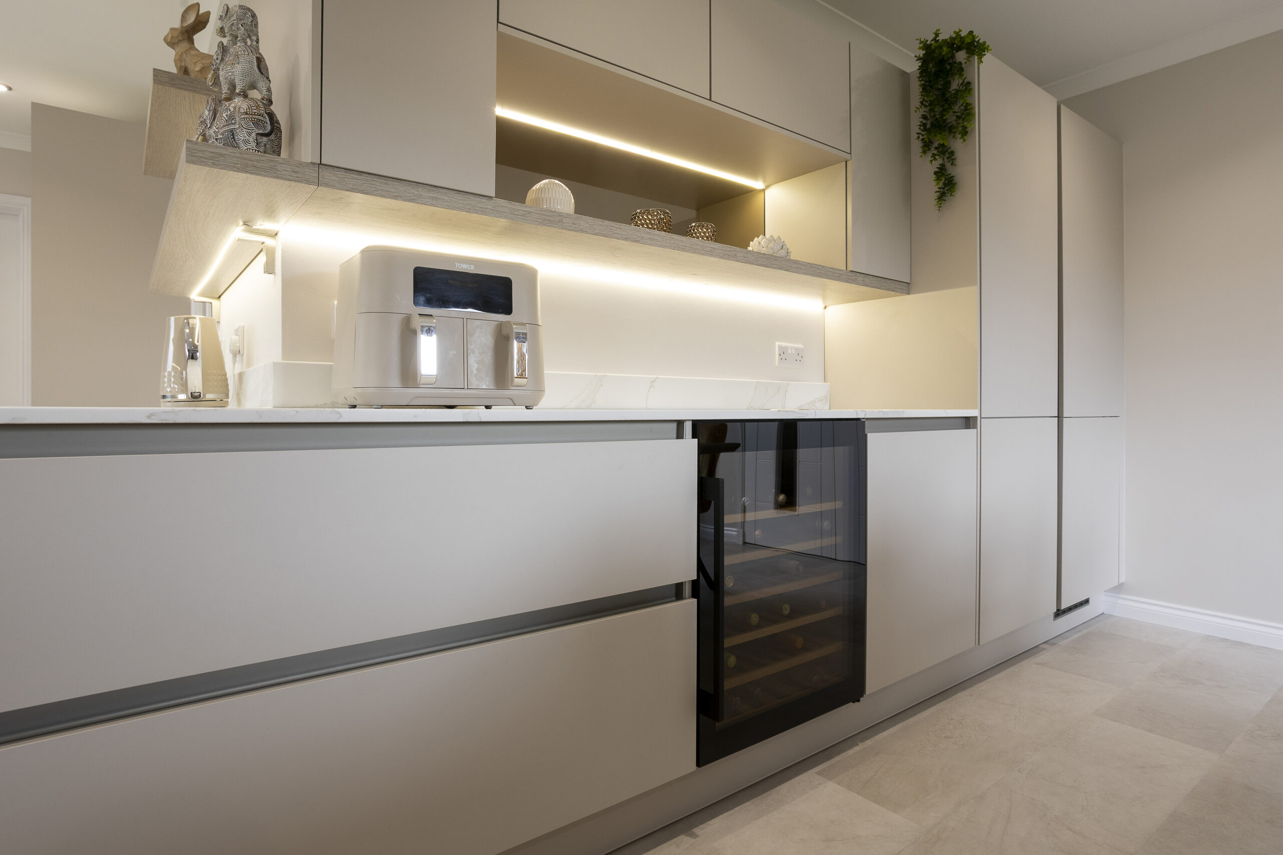 Wine Fridge. Family Focused Kitchen, Warm neutrals, John Willox Kitchen Design, Ellon, Aberdeen. Appliance Image